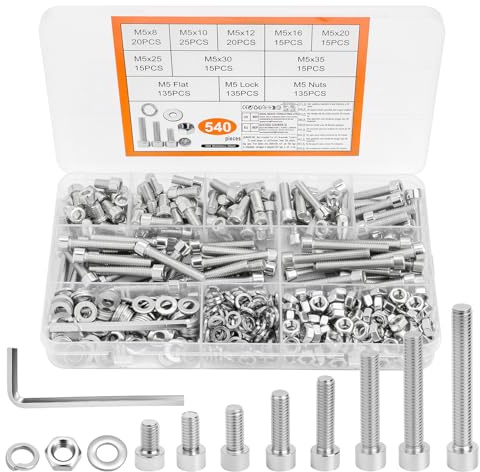 540 Stk M5 Schrauben Set, Zylinderkopfschrauben Muttern Sets, Innensechskantschrauben mit Muttern, Schwarz Zylinderschrauben Set mit Unterlegscheiben, Gewindeschrauben Maschinenschrauben Sortiment