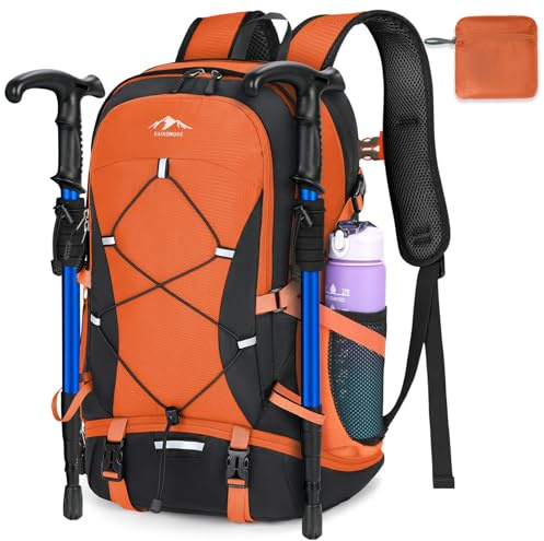 RAINSMORE Hiking Backpack 40L Foldable Lightweight | Rucksack for Men Women Water Resistant Large Backpack for Walking Camping Climbing Travelling Black and Orange