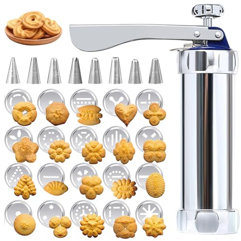 xolear Presse à Biscuits Inox, Appareil a Churros avec 20 Moules et 8 Douilles en Acier Inoxydable, Pistolet Patisserie Compatible Lave-vaisselle pour Décorer Gâteaux, Desserts et Biscuits Maison