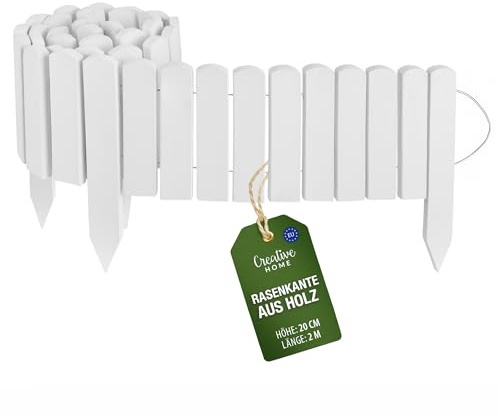 Creative Home Rasenkante Beeteinfassung Holz 200 x 20 cm (L x H) Weiß | Flexible Beetumrandung 20 cm hoch Gartenzaun zum Stecken | Ideal als Beetbegrenzung, Holzzaun, Deko Zaun, Mähkante, Beetzaun