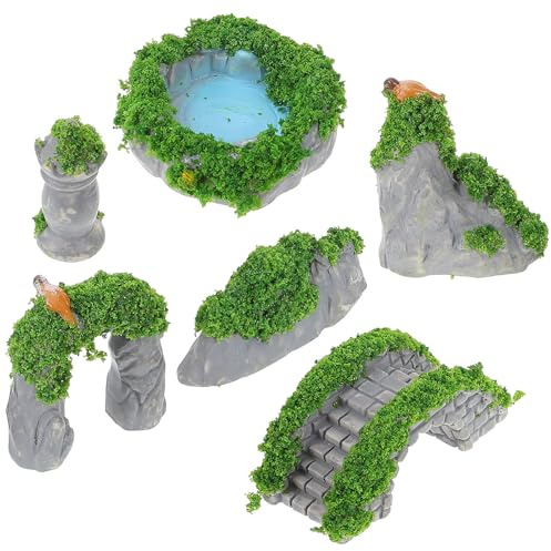 EXAOMBLE Micro Landscape Miniature Rockery Set 6Pcs with Pavilion and Pond for Fairy Garden Decor