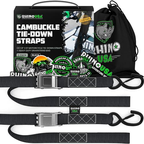 Rhino USA Motorcycle Tie Down Straps (2 Pack) Lab Inspected 2,200lb Break Strength, Steel Cambuckle Tiedown Set with Integrated Soft Loops - Better Than a Ratchet Strap (Black 2-Pack)