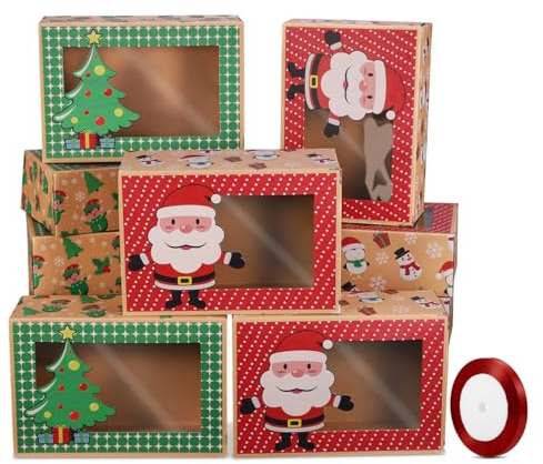 12 Stück Weihnachts Kekskästen Boxen, Geschenkboxen Bäckereikarton Weihnachten Plätzchen Cupcake Boxen mit Weihnachtsbändern für Weihnachten Brot Kekse Schokolade Geschenkverpackung