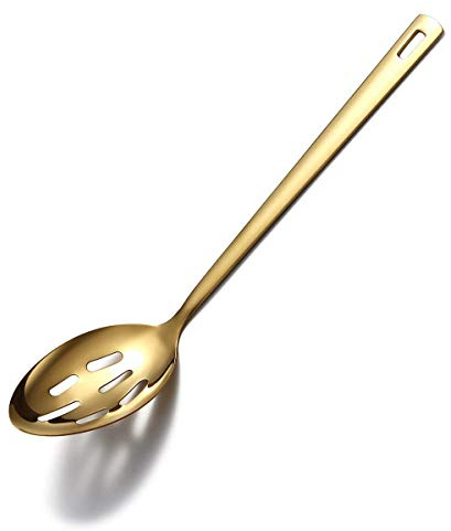 Gold Cooking Spoon, Berglander Stainless Steel Slotted Spoon Titanium Gold Plating, Kitchen Serving Basting Spoon For Cooking, Dishwasher Safe, Easy to Clean