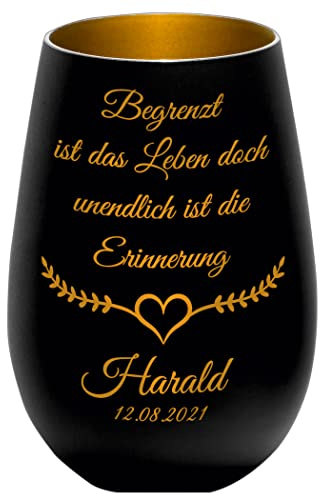 Trauerlicht Windlicht mit Personalisierter Gravur - Namen und Datum - Begrenzt ist das Leben - in schwarz/Gold - Gedenklicht Erinnerungslicht Grablicht Trauergeschenk