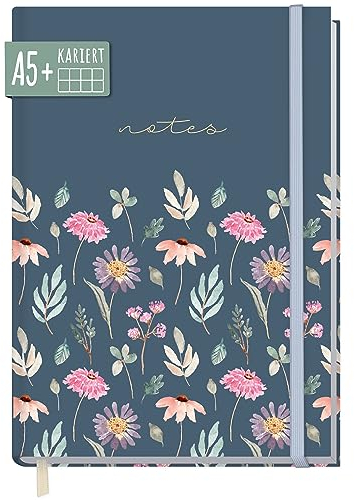 paper&you® Notizbuch A5+ kariert mit Gummiband Flying Flowers 156 Seiten, 78 Blatt, als Journal, Tagebuch, Notizheft - nachhaltig & klimafreundlich