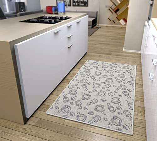 Hanse Home Coffee Cups Teppich Läufer – Küchenteppich Küchenläufer rutschfest, Kaffee Motiv, Pflegeleicht Robust, ÖKO-TEX Teppichläufer für Küche, Flur, Eingangsbereich – Creme Grau, 92x150cm