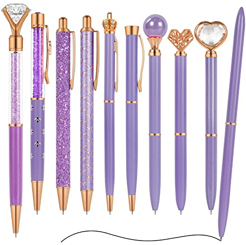 AUAUY 10 Stück Kugelschreiber, Niedlich Druckkugelschreiber Diamond Kristall Kugelschreiber, Schwarze Tinte Metall Stift Klick-Kugelschreiber für Schule Büro Bedarf Geschenk Abschluss Jubiläum (Lila)