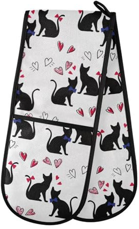 Doppelte Ofenhandschuhe, schwarze Katzen, Paare, Herzen, hitzebeständig, Topflappen, Ofenhandschuh, Handschuhe für Grillen, Kochen, Backen, Grillen, Mikrowelle
