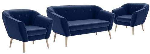 MEBLINI Mini Sofa Set 2-1-1 für Wohnzimmer - Mini Lounge für Vier Personen - Küchensofa - Sofa Klein - Sitzgarnitur - Polstergarnitur - Sofagarnituren - Doris - 2+1+1 - Blau Samt