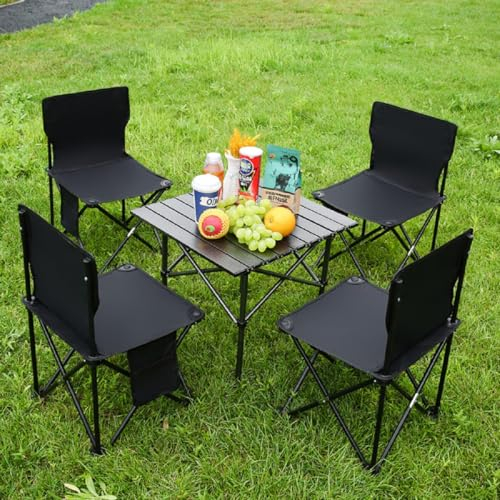 JUNYFFF Campingtisch Klappbar Klapptisch Mit 4 Stühlen Camping Falttisch Tragbar Legierter Stahl Mit Tasche Für Picknick Kochen Garten Wandern Reisen,Schwarz