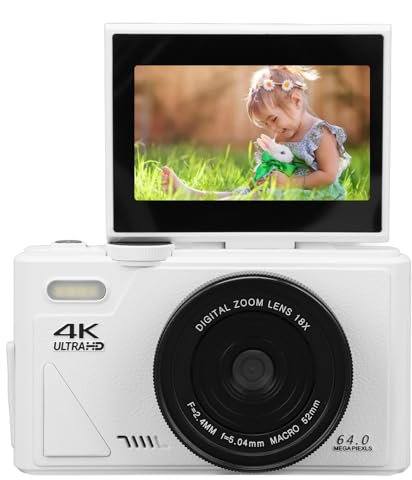Fotocamera Digitale 4K, Fotocamera con Zoom 18x con Schermo Pieghevole da 3 Pollici, Fotocamera Digitale Compatta retrò con Messa a Fuoco Automatica UHD da 64 MP per di