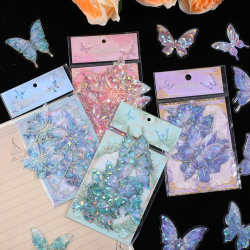 80 Stück Glitzer Schmetterling Sticker Set Schmetterlings Aufkleber | Holografische Wasserfeste Klebstoff Aufkleber Scrapbooking Sticker Für Sammelalbum Handyhülle
