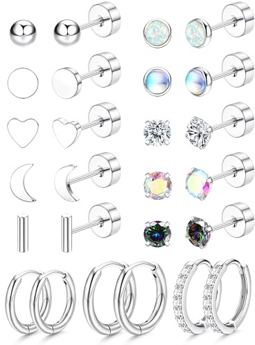 JeweBella 13 par örhängen med platt rygg, kirurgiskt stål, allergivänliga, knopp-ringörhängen för kvinnor och män, 20 g brosksovörhängen, månsten och opal CZ