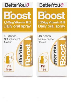 BetterYou Boost Vitamin B12 Daily Oral Spray Vitamin Spray Supplement for Energy Boost 1,200 IU Vitamin B12, Natural Apricot Flavour, Pack of 2, 25ml (192 Sprays)