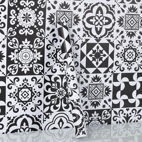 Hode Klebefolie Küche Fliesenoptik Schwarz 44x300cm, Fliesenfolie Bad Wasserdichte, Fliesenaufkleber Muster, Fliesen Folie für Möbel Wand Schrank Schublade