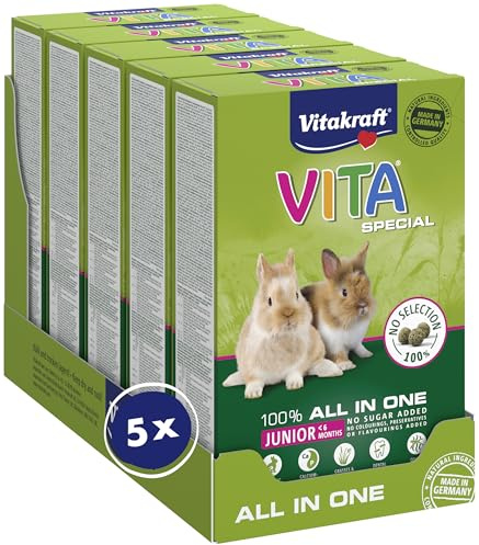 Vitakraft Vita Special Junior, huvudfoder för unga dvärgkaniner, med gräs och örter, för optimal matsmältning, utan tillsats av socker och spannmål (5 x 600 g)
