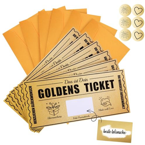 kodivenj 6 Stücke Goldenes Ticket,Gutscheine Zum Selber Ausfüllen,Rubbellose Selber Machen Wish Coupons with Envelopes, Weihnachtsgeschenke, Geburtstagsgeschenke, Neujahrsgeschenke(Upgrade)