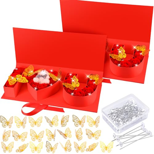 DERTE 2 Pcs I Love You Box Empty Fillable Flower Box Valentines Day Letter Shaped Box I Heart U Gift Box with 24 Gold Butterfly 50 Crystal Bouquet Pins for Valentines Wedding Mother's Day Party (Red)