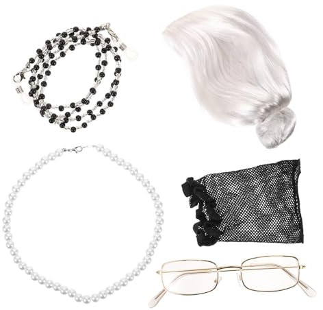LIFKOME Old Lady Cosplay Set Graue Perücke Brille Perlenkette Ohrringe Für Kostümpartys Halloween Und Karneval Realistische Großmutter-accessoires Für Frauen