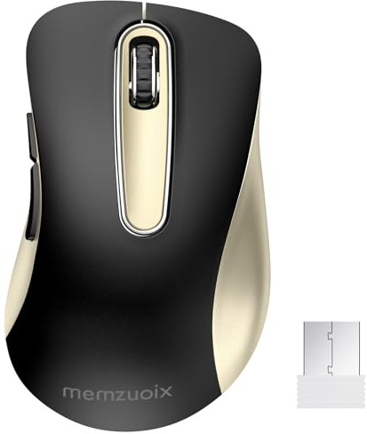 memzuoix Kabellose Maus 2.4GHz, Tragbare Optische Wireless Maus 1400 DPI mit Mini-USB-Empfänger, 5 Tasten und Batteriebetrieb für Laptop, Desktop, MacBook – Schwarz Gold