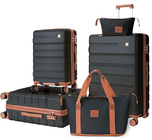 QIMER Luggage Sets 5 Piece Polycarbonate Hard Shell Suitcases Airline Approved, Lightweight Luggage with Spinner Sheels TSA Lock, YKK Zippers, Suitable for Family Black(20/24/28/DB/TB)