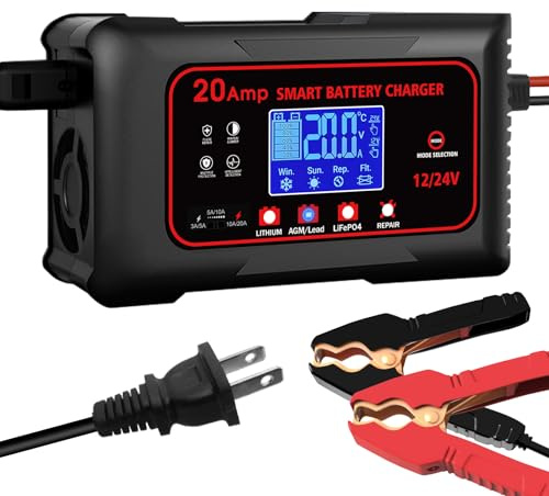 Chargeur de batterie de 20 A, 12 V 24 V au lithium LiFePO4 - Chargeur de batterie portable pour voiture / moto / bateau / camion / tondeuse à gazon