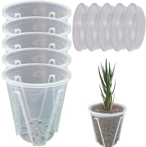 Orchideentöpfe zum Umpflanzen | 5 transparente Orchideentöpfe mit 5 Ablagen, belüfteter Orchideentopf mit Ablauflöchern | moderner dekorativer Blumentopf für den Innenbereich