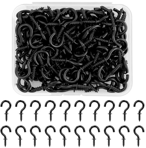 DAVIDJAMESCLARKE 125 Stück schwarze Schraubhaken, 1/2 Zoll Metall Schraubhaken, Mini Schraubhaken mit 1 Stück Aufbewahrungsbox, für Decke, Wand, Holz, Schmuck, Schlüsselanhänger, Dekoration