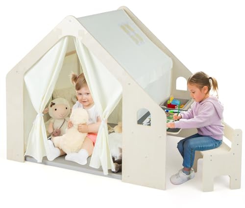 Kids Play Tent, Kids Table and Chair Set with Blackboard Tabletop, Storage Bin, Door Curtain, Wooden Playhouse for Boys Girls 3-6 Years Old (Small)