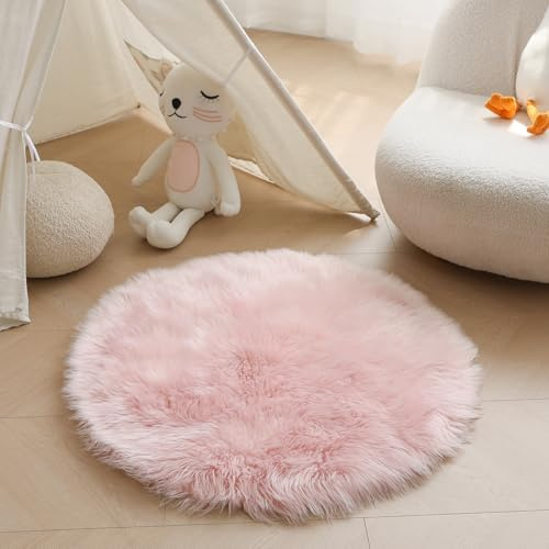 Obundi High Pile Pink Fluffy Round Rug 100cm Washable Carpet