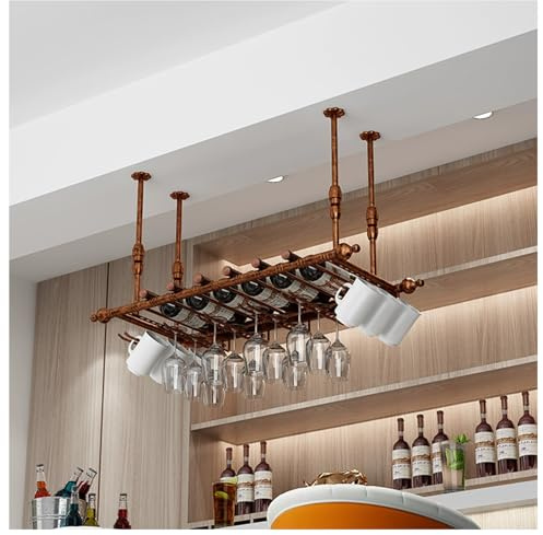 Ceiling Wine Rack & Home Bar Counter Hanging Wine Glass Rack,Industrial Iron Wine Shelf Wall Mounted,Organizer Wine Display Stand,Adjustable Metal Wines Glass Holder,for Bar Kitche (Brass, 80x30cm)