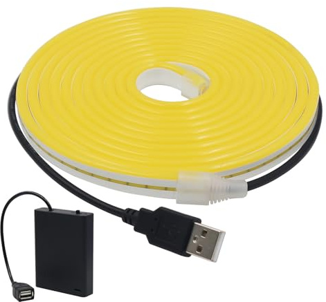 Wisada 5V Tira LED [1m, Amarillo]，Alimentado por USB/Alimentado por Batería，Tira de neón LED recortable flexible impermeable IP65，Inicio/Tienda Decoración