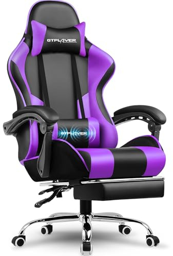 GTPLAYER Gamingstol, kontorsstol, ergonomisk PC-stol, gamingfåtölj med massagestaltad ryggstöd, taskstolar med fotstöd och nackstöd, lila konstläder