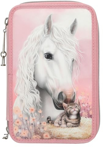 Depesche 13687 Miss Melody True Friends - Gefüllte 3-Fach Federtasche in Rosa, mit Pferde Motiv und Katze, Federmappe mit Buntstiften, Schere, Lineal UVM.