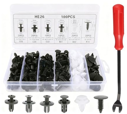 Funchardwa 100 Stück Befestigungsclip Auto Clips Set mit Entferner, Kfz Clips mit 6 Universalgrößen, Stoßstangen Zierleisten Plastikklips Set für die meisten Fahrzeuge