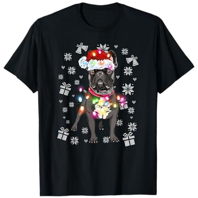 Bouledogue français enveloppé dans des lumières de Noël Chien T-Shirt
