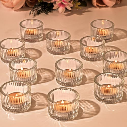 Lot de 12 bougeoirs Transparents pour Bougies Chauffe-Plat, Petits bougeoirs nervurés en Verre pour fête de Mariage, fête prénuptiale, Centre de Table, décoration d'intérieur