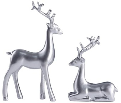 Generisch 2er Set Weihnachts Rentier Figure Hirsch Statue aus Harz Winter Weihnachten Deko Kreative Elch Deko Dekofigur Rentier Harz Weihnachtsdeko für Wohnzimmer, Küche, Schlafzimmer (Silber)