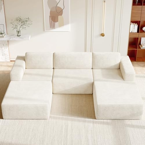 Vesgantti 303 cm Groß Modulares U-förmiges Ecksofa mit Schlaffunktion, 3‑Sitzer Cordsofa mit Federkern, Extra Tiefe Sitzfläche, Boneless Schlafcouch, Für Wohnzimmer, Ohne Montage, Beige