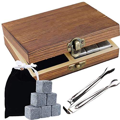 ZDAGELD 9 Pierres de Refroidissement pour Vin, Pierres de Refroidissement pour Whisky en Granit Réutilisables avec Boîte Cadeau en Bois, 9 de, une Pince à