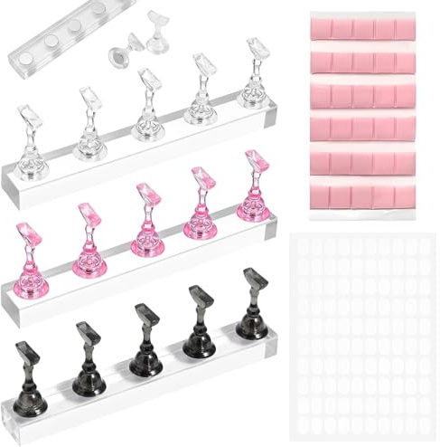BCHMN Kit de 3 Supports à Ongles Magnétiques - Transparent Noir Translucide et Rose Rouge - avec 30 Pièces d Argile Rose et 100 Adhésifs Double Face - Idéal pour Présentation et Entraînement Nail Art