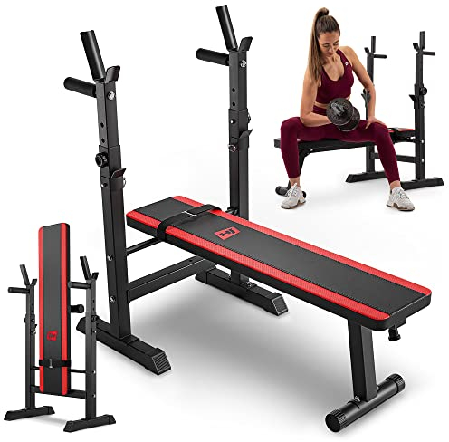 Hop-Sport Hantelbank Klappbar, Multifunktional Trainingsbank mit Langhantel-Ablage und Dip Station, Ideal für Bauchtrainer, Krafttraining & Fitness Zuhause - Max. Belastbarkeit 250 kg