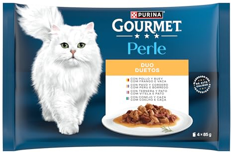Gourmet Purina Perle Duetten, Nassfutter für Katzen mit feinem Fleisch, 12 Packungen mit 4 Beuteln, 85 g - 48