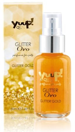 YUUP! - Fragranza scintillante a lunga durata per cani e gatti con glitter oro, 50 ml, profumo per cane e gatto con note di cocco, vaniglia, mandorla, biscotto e gelsomino