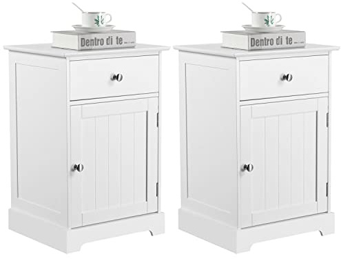 Yaheetech Lot de 2 Tables de Chevet en Bois Blanche, Tables de Nuit 1 Tiroir, Etagère Intérieur Réglable, Chambre Salon, 40 x 35 x 60 cm