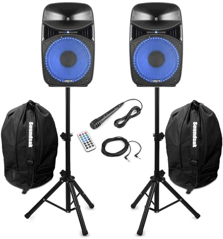 Vonyx VPS102A 10 Bluetooth Active Party Speaker System with Built-in Light Show, Adjustable Stands, Microphone & Protective Bags – 600W Home Audio Setup for Parties & Gatherings