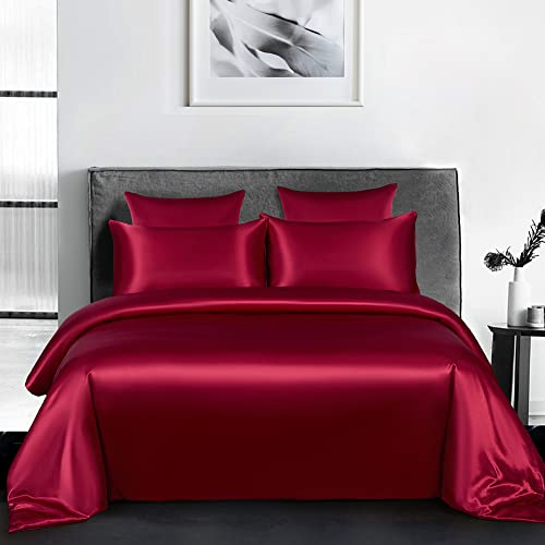 AShanlan Satin Bettwäsche 135x200 Burgunderrot Glänzend Bettwäsche-Sets Glatt Angenehm Glanzsatin Seiden Bettbezug 135 x 200 + Kissenbezug 80x80 cm mit Reißverschluss
