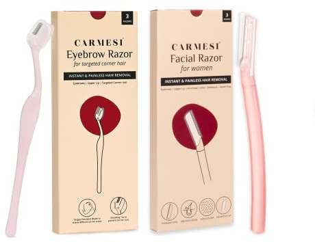 Carmesi Pacchetto di depilazione del viso da donna, 3 rasoi e 3 rasoi per sopracciglia, rimozione istantanea e indolore, rasatura di precisione, senza tagli
