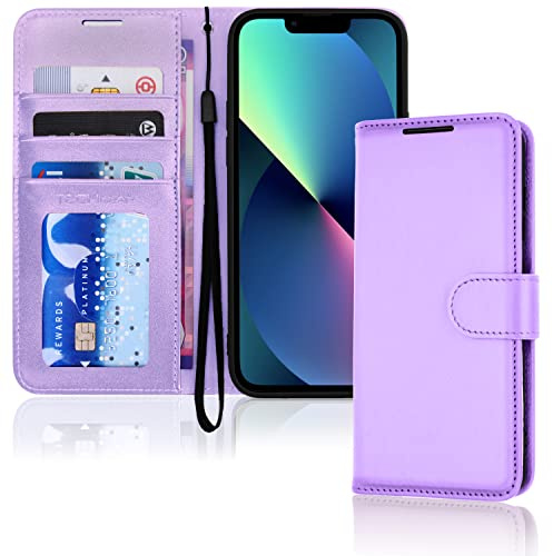 TECHGEAR iPhone 13 Leather Wallet Case, Flip Protective Case Cover with Wallet Card Holder, Stand and Wrist Strap - Purple PU Leather with Magnetic Closure for iPhone 13 6.1